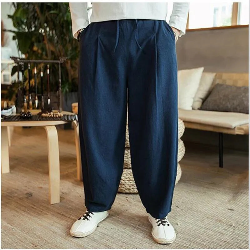 Large Size 6XL 7XL Men's Wide Leg Pants Cotton Linen Loose Harem Pants Summer Trousers Male Loose Pants Drawstring men clothing