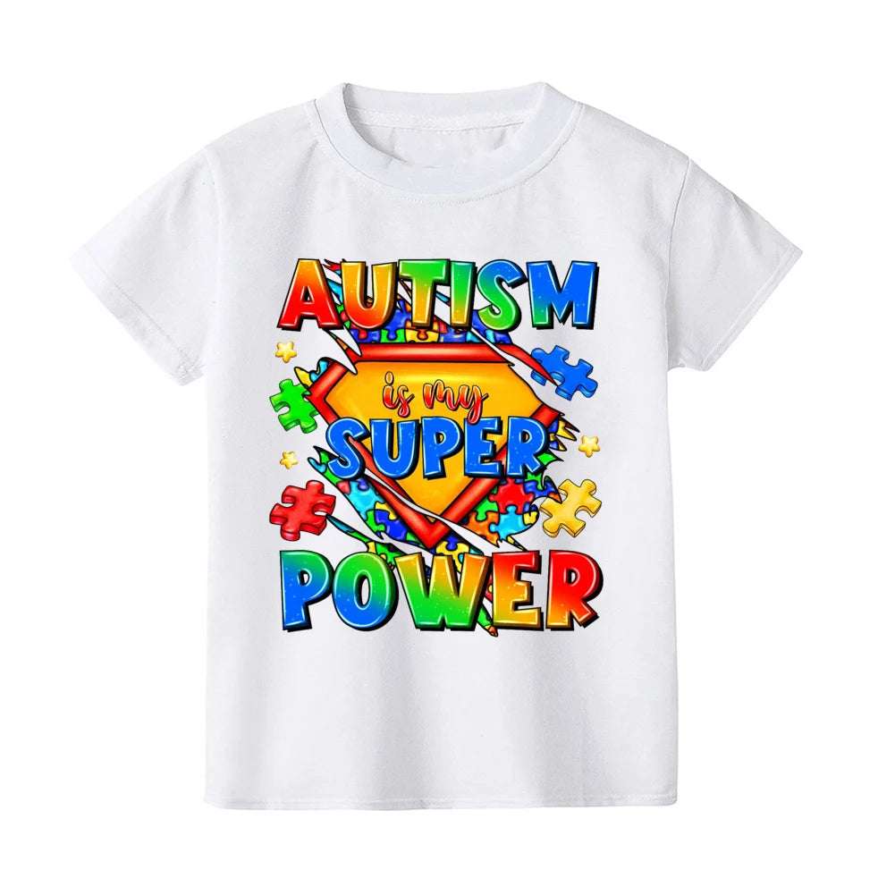 Autism Is My Superpower Kids Tshirt Autism Awareness Youth Shirt Toddler Short Sleeve Clothes Colorful Puzzle Boys Tee