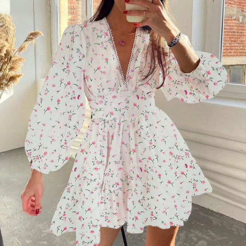2025 New Women Summer Mini Dress Long Sleeve Flower Print Boho Dress Sexy V-Neck High Waist A-Line Dress Vestidos Clothes