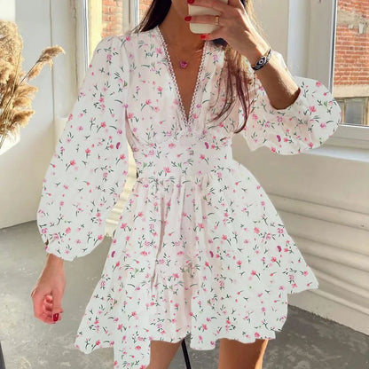 2025 New Women Summer Mini Dress Long Sleeve Flower Print Boho Dress Sexy V-Neck High Waist A-Line Dress Vestidos Clothes