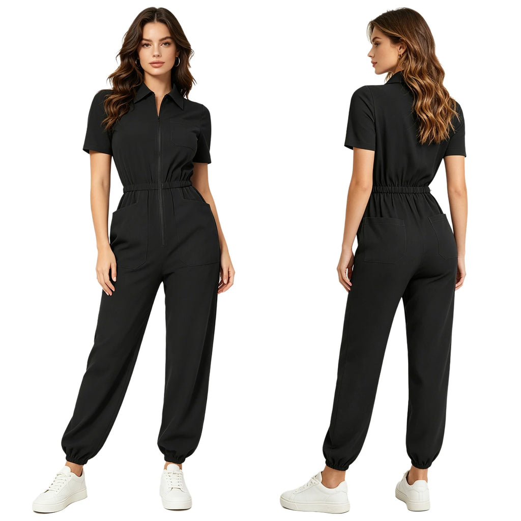 Women Scrub Jumpsuit Nurse Doctor Medical Esthetician Workwear Short Sleeve Multi-pockets Elastic Waist Jogger Pants Rompers