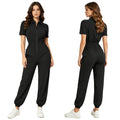 Women Scrub Jumpsuit Nurse Doctor Medical Esthetician Workwear Short Sleeve Multi-pockets Elastic Waist Jogger Pants Rompers