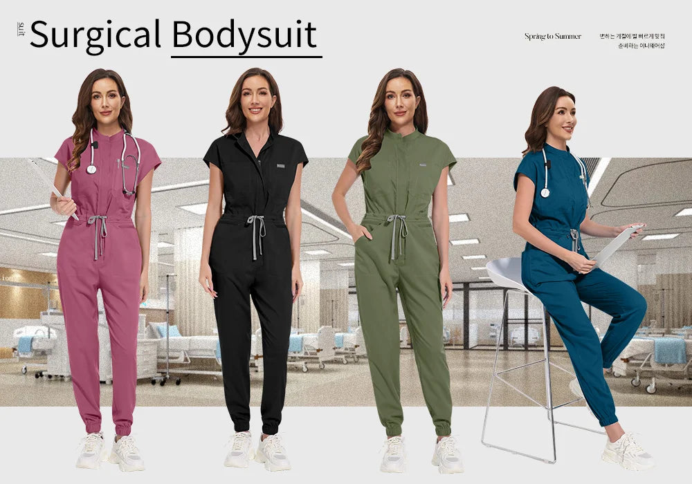 Niaahinn Zipper Neck Lab Jumpsuit Pet Grooming Nurse Uniform Onesie Short Sleeved Scrubs Workwear Health Service Nursing Clothes