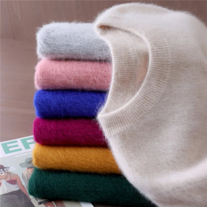 Autumn Winter Sweater Pullover Women's Clothing 100% Mink Cashmere Sweater Pullover O-Neck Basic Long Sleeve Warm Fleece Knitted