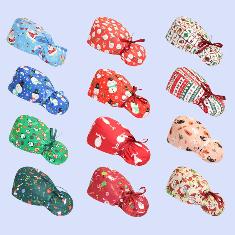 Christmas Snowman Scrub Caps for Long Hair Cotton Surgical Hats Dental Nursing Caps Women Men Hospital Clinic Medical Caps C1093