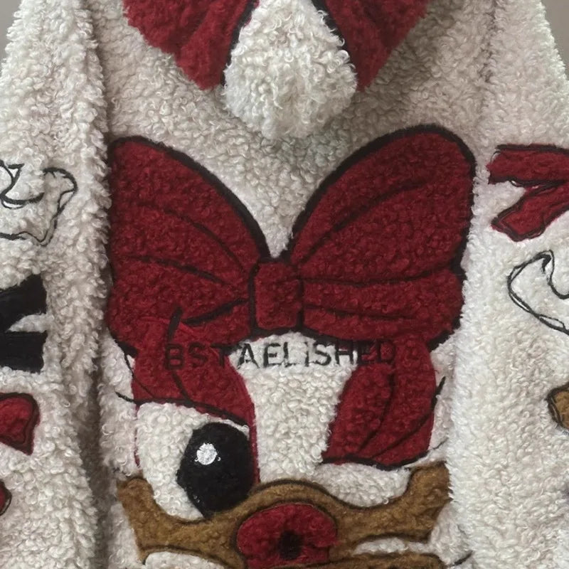 Oversize Winter Clothes Women New Heavy Craftsmanship Cartoon Daisy Embroidery Lamb Wool and Velvet Hooded Jackets for Women
