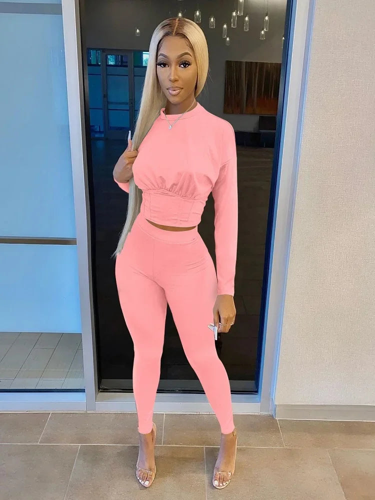 New Autumn Women's Pure Color Sports Waist Suit Fashion Casual Two-piece Set