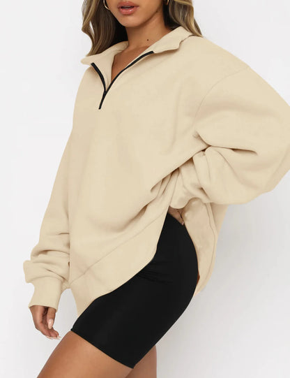 Women Sweatshirts Turn Down Collar Zipper Pullovers Long Sleeve Spliced Thick Warm Sweatshirt Outwear Autumn Winter 2024