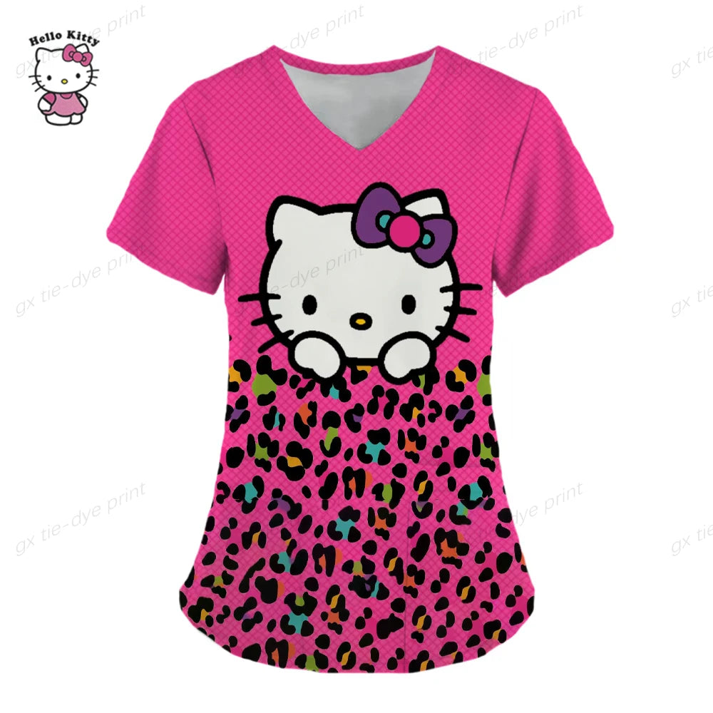 Hello Kitty Uniform Women's Cartoon Hello Kitty Print Nurse Work Shirt Pocket Gown Christmas Healthcare Nurse Scrubs