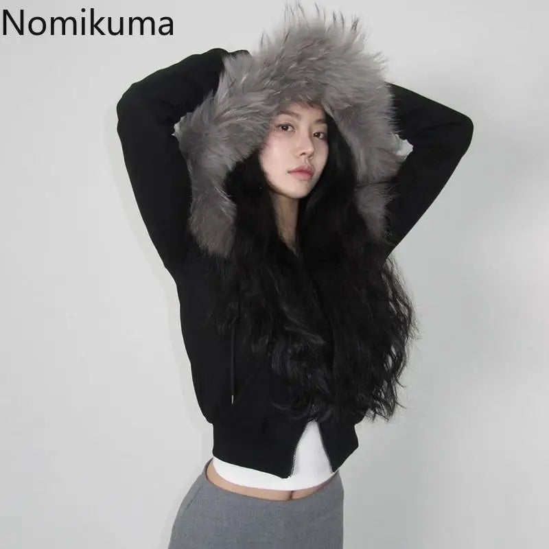 Patchwork Furry Hooded Sweatshirt for Women Y2k Tops Streetwear Casual Hoodies 2025 Ropa Mujer Korean Fashion Zipper Crop Hoodie