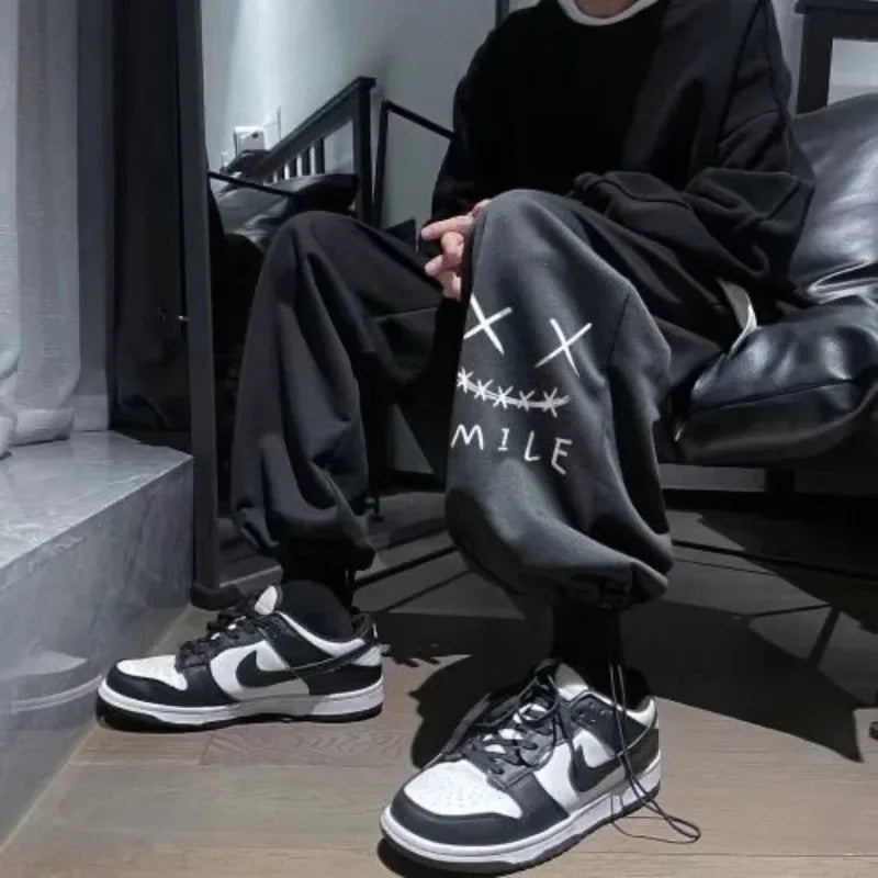 Plus Size M-8XL Men Pants Oversized Sports Pant Fashion Trend Cartoon Smiling Face Printed Long Pants Loose Casual Sweatpants