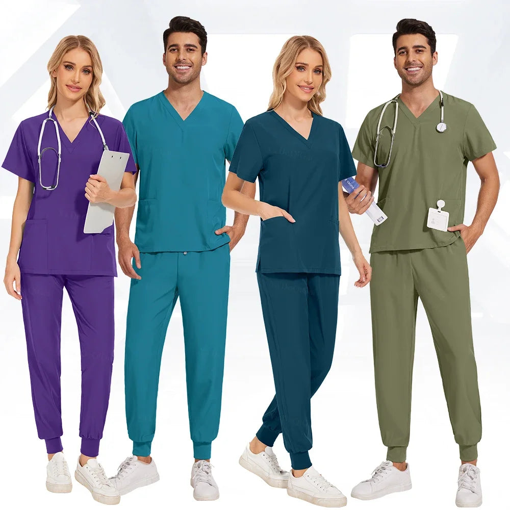 S-2XL Nursing Top+Jogging Pants Beauty Salon Work Suit Soft Feeling Medical Surgical Scrub Set Women Men Working Uniform Lab Set