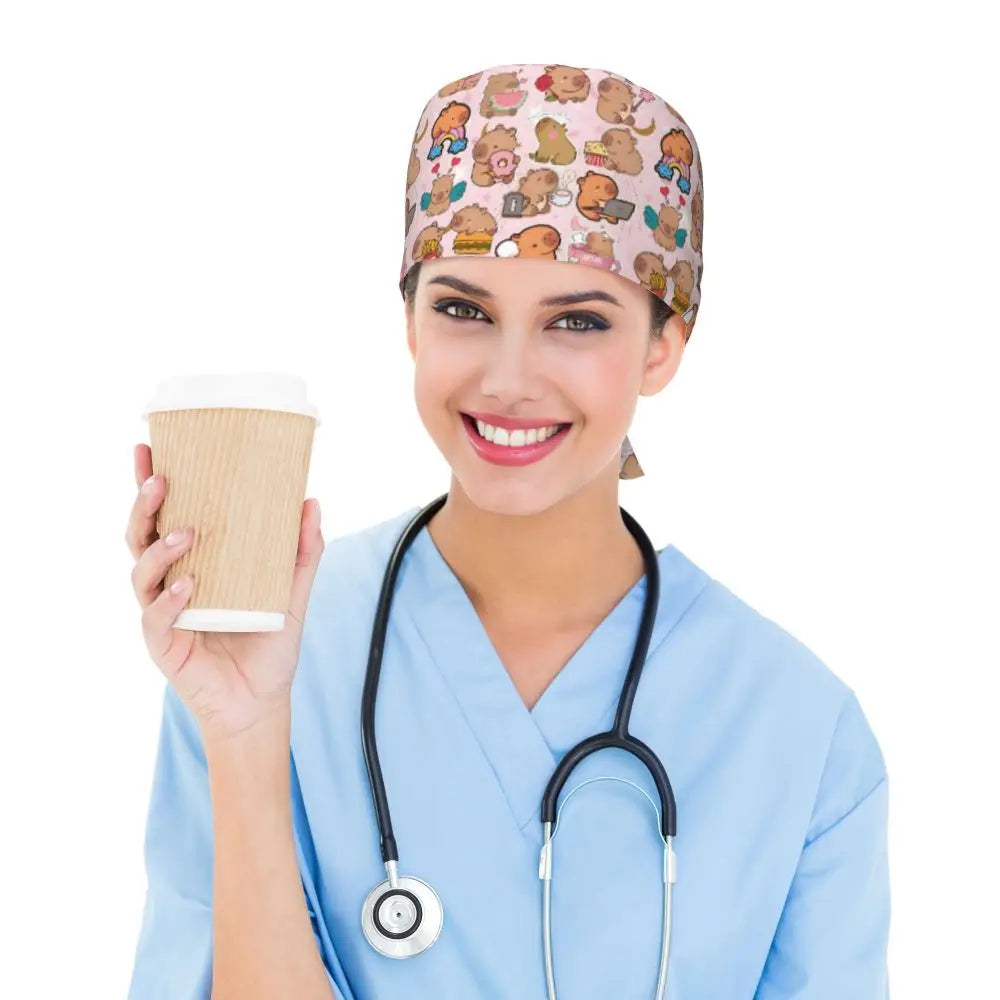 Custom Cartoon Capybara Medical Staff Scrubs Hat Women Men Comic Doctor Nursing Surgical Cap Scrub Caps