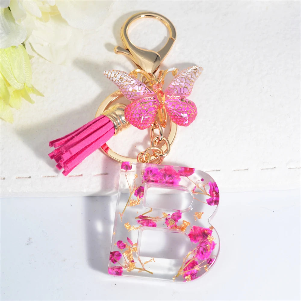Exquisite Pink Dry Flower Resin 26 Initial Keychain Butterfly Tassel Pendant A to Z Keyring for Women Valentine's Day Gift