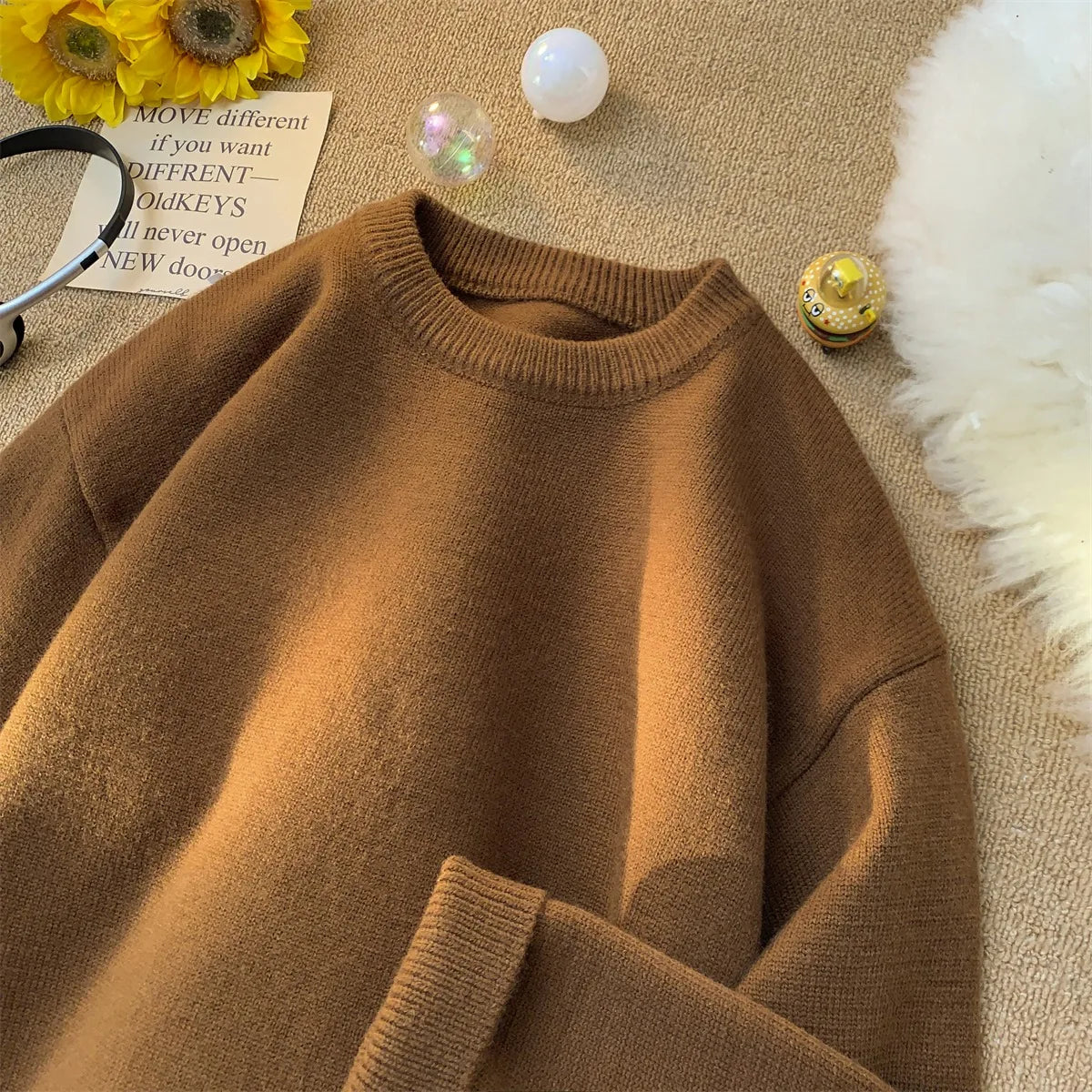 Sweater men's winter loose and lazy style retro thread jacket simple inner layer base knit sweater