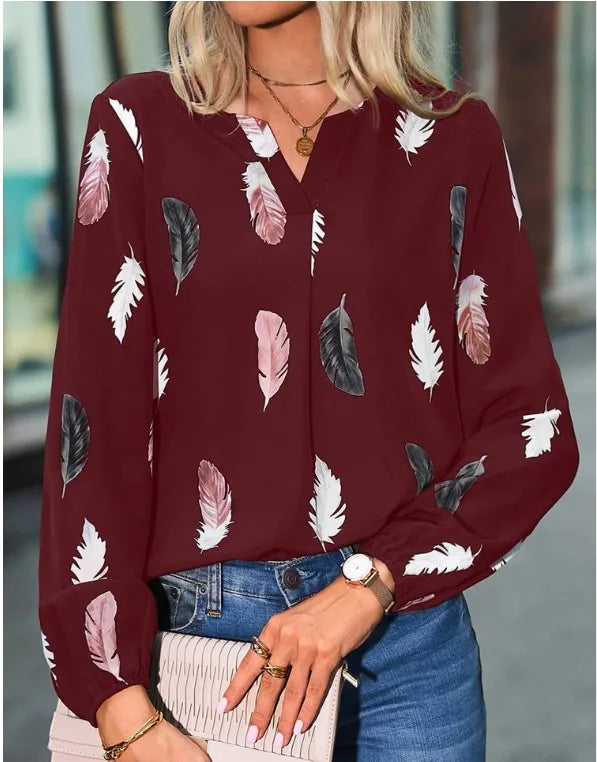 Plus Size Woman Blouse Shirts For Women Stylish Top long Sleeve Feather Pattern Female Tops Elegant Chiffon Mujer Woman Clothes