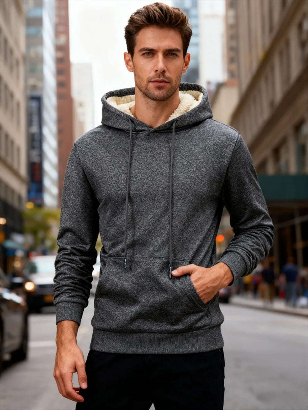 Winter Men's Fleece Hoodies Solid Color Casual Warm Long Sleeve Pullover New Crew Neck Hooded Sweatshirt Streetwear Men Clothing