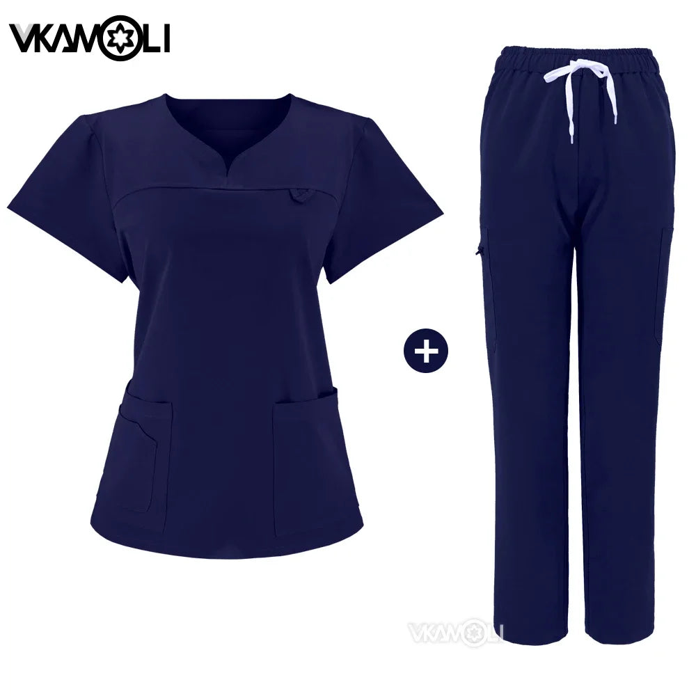 NEW Slim fitting elasticity scrubs sets Operating Room Medical Uniform scrubs uniform nurse women Solid color Surgery Suit