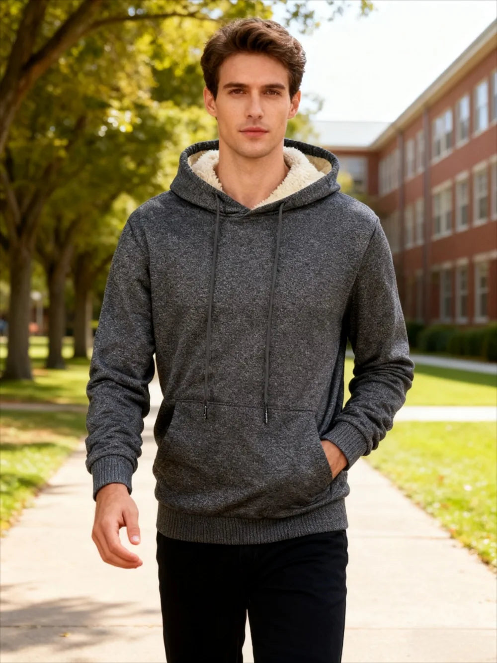 Winter Men's Fleece Hoodies Solid Color Casual Warm Long Sleeve Pullover New Crew Neck Hooded Sweatshirt Streetwear Men Clothing