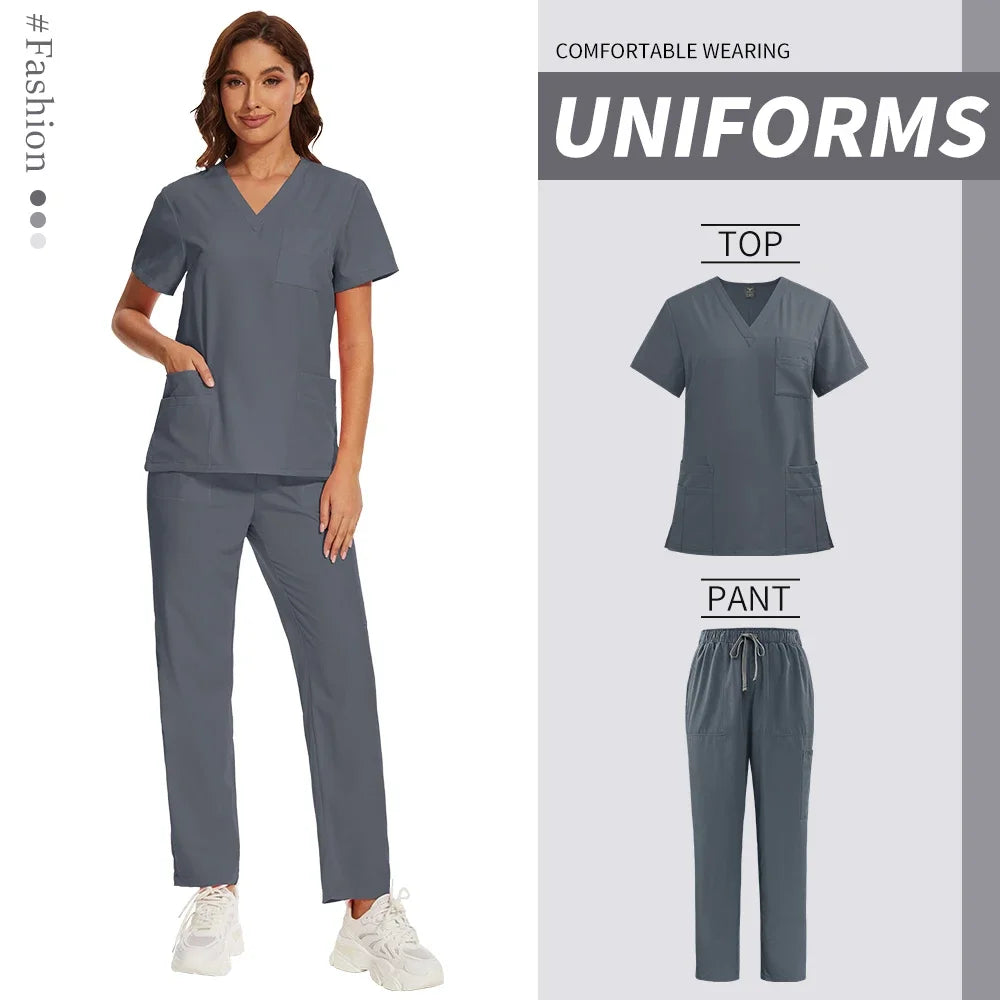 Nursing Operating Room Clothes Medical Scrubs Uniform Women Nurse Scrub Set Pocket Top+Pants 2 Piece Suit