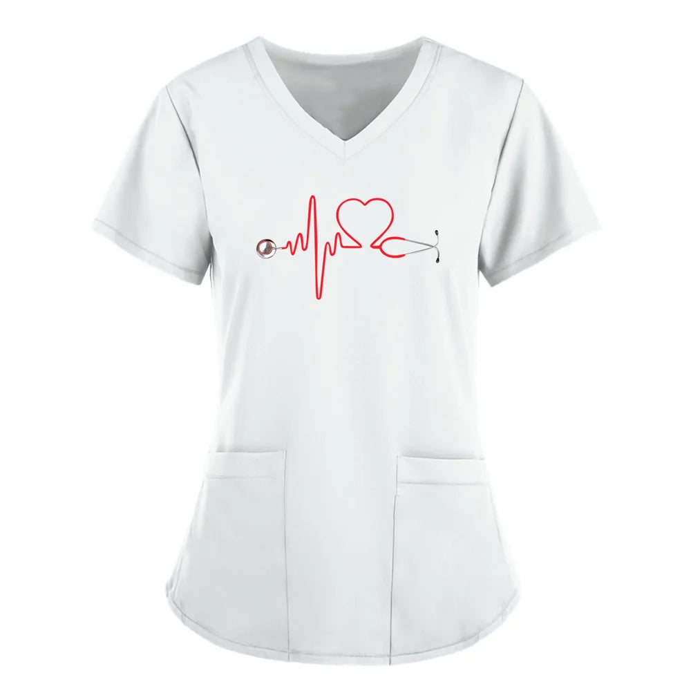 Scrubs Medical Uniforms Woman Top Fashion V Neck Soild Short Sleeve Tops Pocket Working T-Shirts Blouse Women's Athletic Shirts