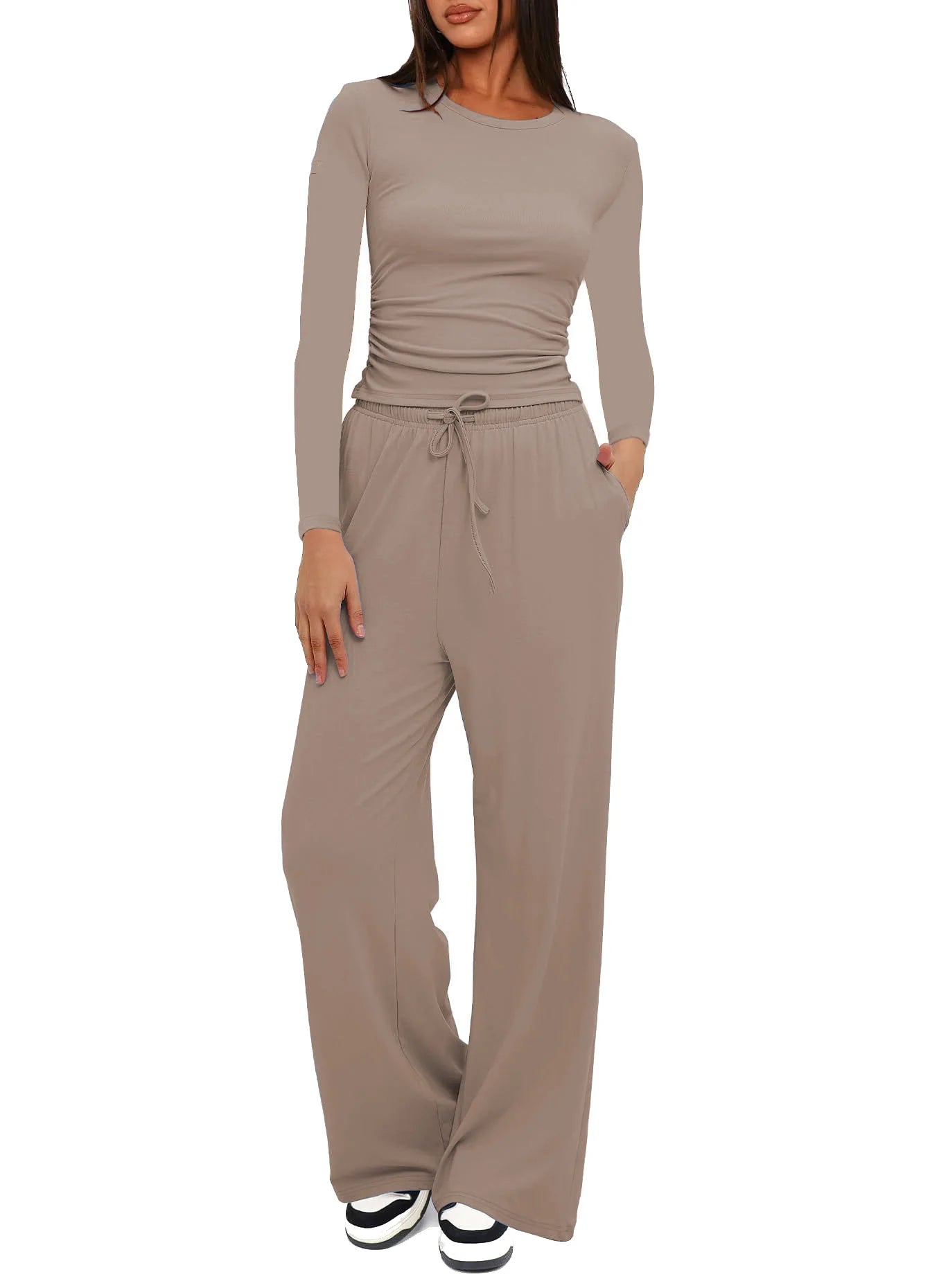 Autumn Winter Trend Fashion Women's Two Pieces Set Solid Casual O Neck Long Sleeve T-shirts & High Waist Wide Leg Pants Sets