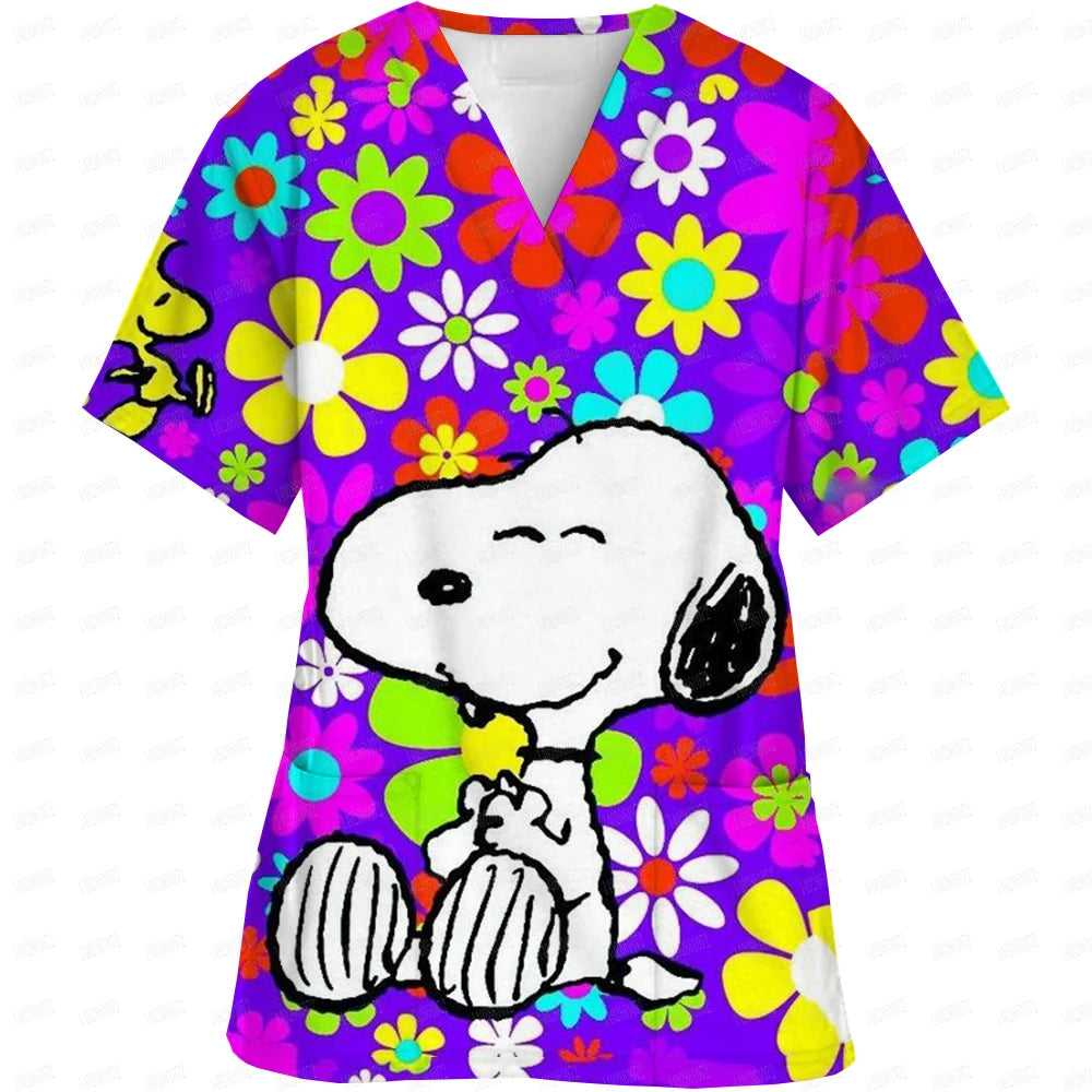 Snoopy print Working Nurse Uniform Women Short Sleeve Pocket Blouse Scrubs Tops Nursing Medical Accessories oversized tshirt