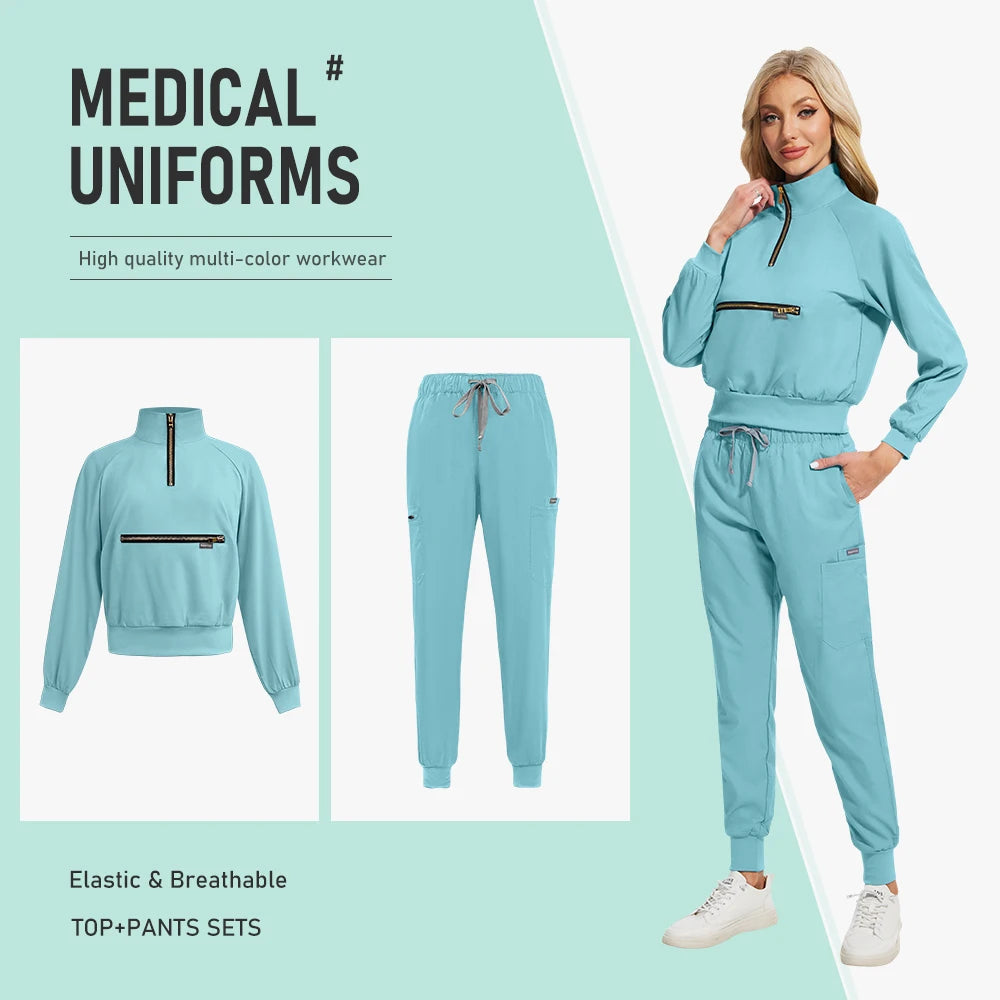 Nurse Nursing Medical Scrub MultiColor Jogging Pants Set Long Sleeved Jacket Workwear Set Hospital Clinical Uniform Woman Female