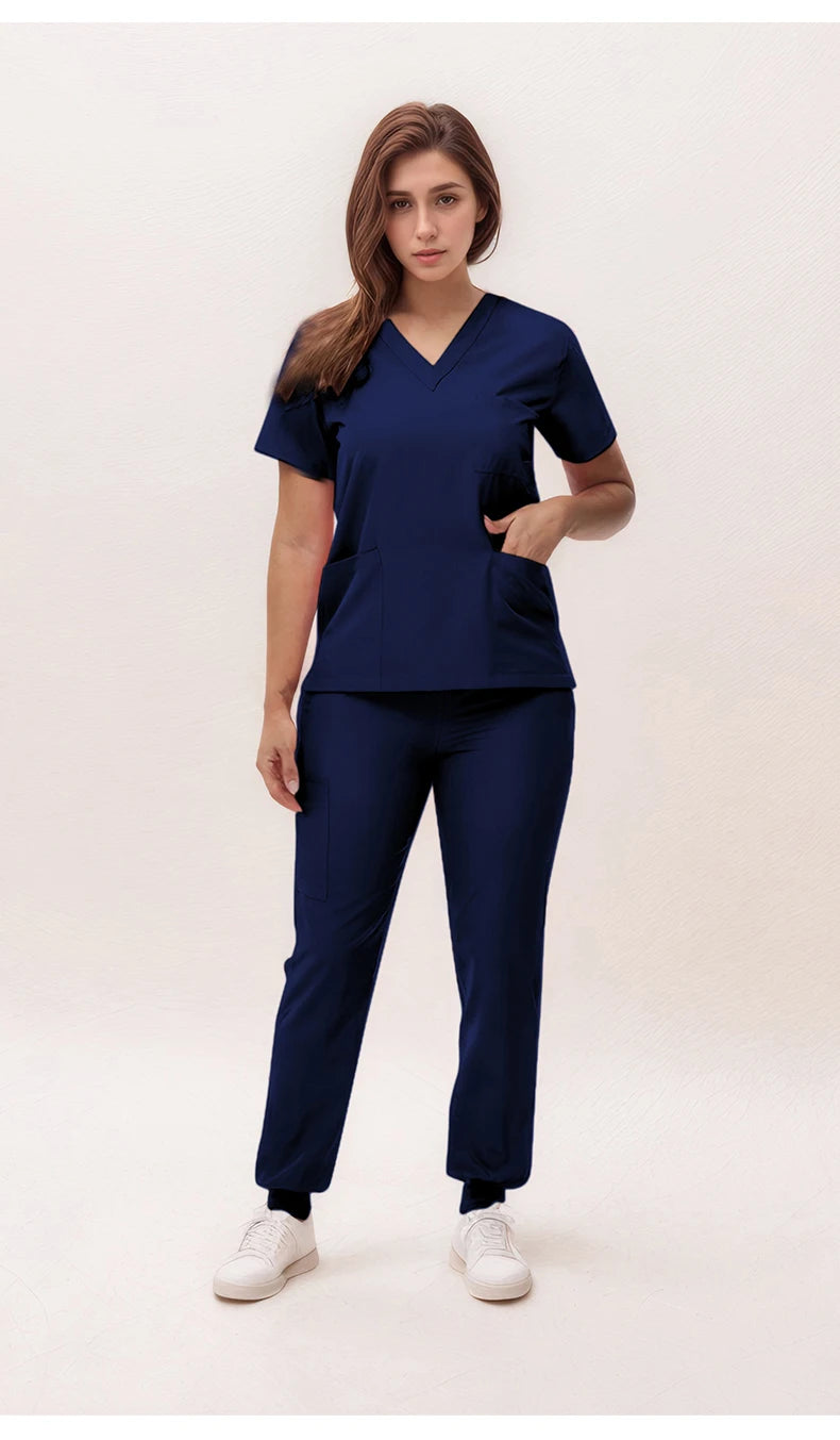 Short Sleeves Nurse Uniforms V-neck Top Jogger Pants  Women Surgical Scrubs Dentist Nursing Suit Pet Hospital Doctor Outfit S21