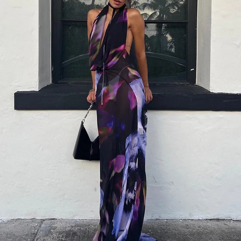 Fashion Sexy Sleeveless V Neck High Waist Halter Party Cocktail Maxi Dress Women Elegant Print Corset Evening Dress