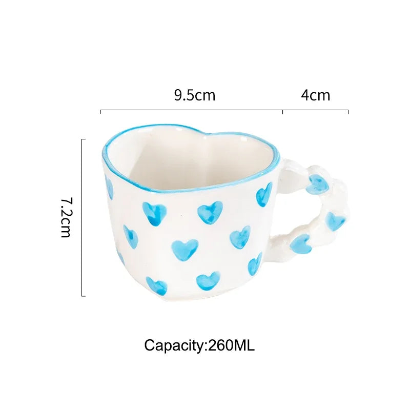 Cute Ins Style Heart Shape Coffee cup with Saucer Hand Painted Love Ceramics Mug Festival Gifts Afternoon tea Cup Breakfast cups