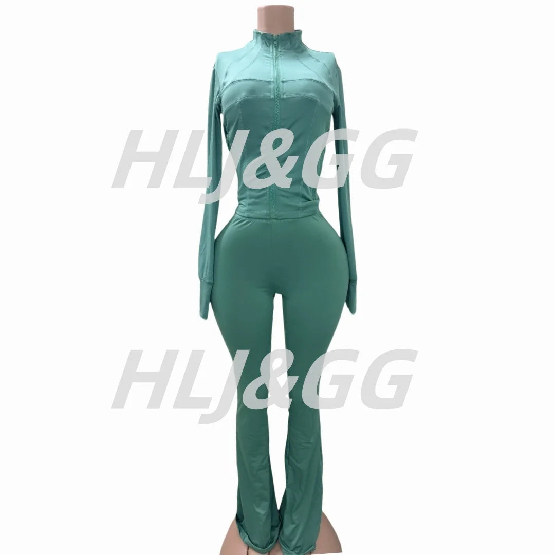 HLJ&GG Casual Solid Sporty Two Piece Sets Women Zipper Long Sleeve Slim Top And Skinny Pants Outfits Spring New 2pcs Tracksuits