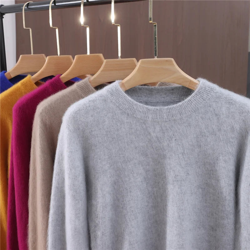 Autumn Winter Sweater Pullover Women's Clothing 100% Mink Cashmere Sweater Pullover O-Neck Basic Long Sleeve Warm Fleece Knitted