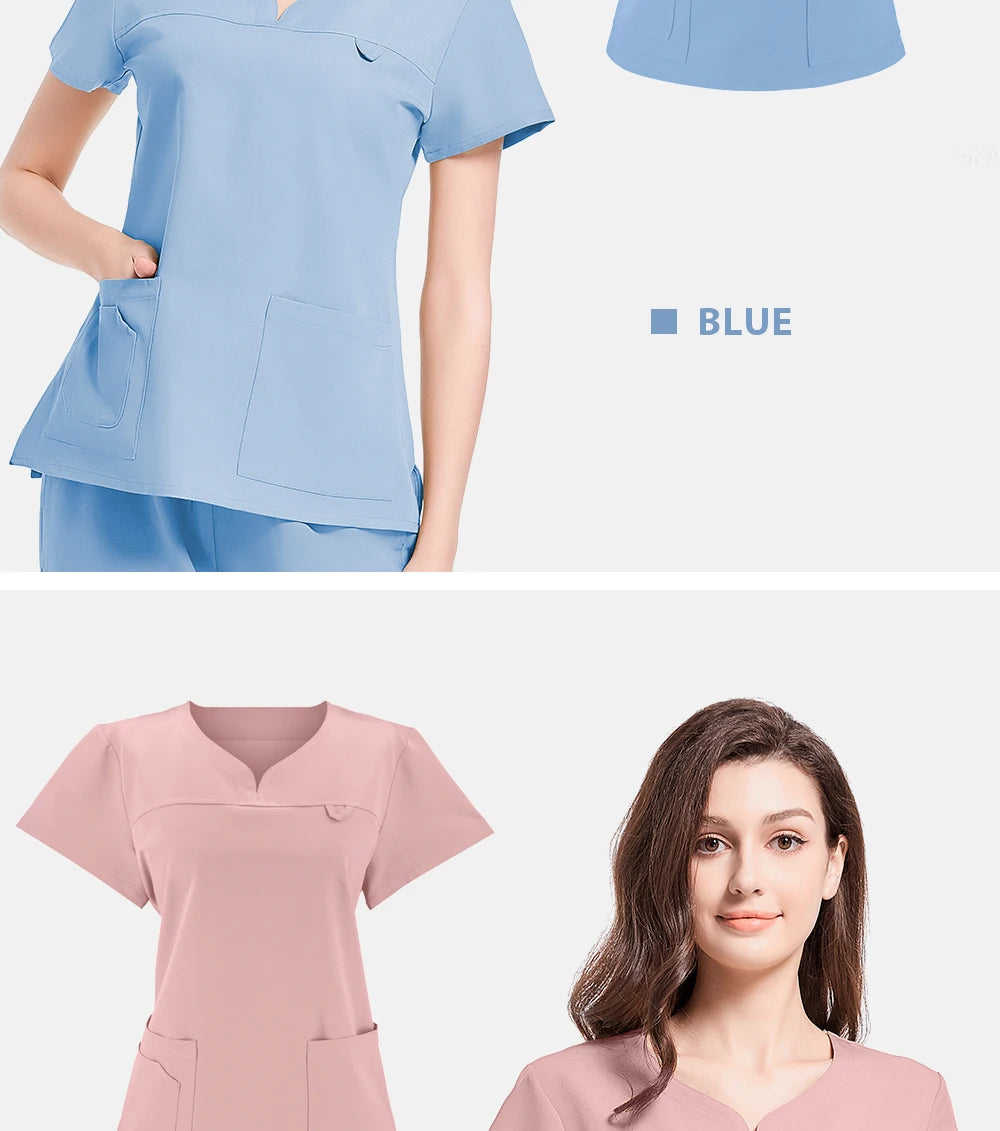 Slim fitting elasticity nurse scrubs tops dentistry doctor lab spa uniform surgical Scrub shirt for woman pharmacy pet hospital