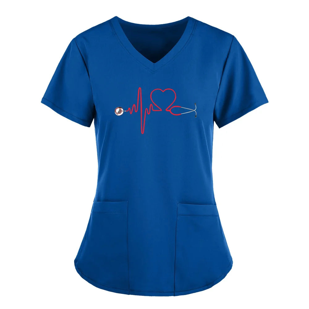 Scrubs Medical Uniforms Woman Top Fashion V Neck Soild Short Sleeve Tops Pocket Working T-Shirts Blouse Women's Athletic Shirts