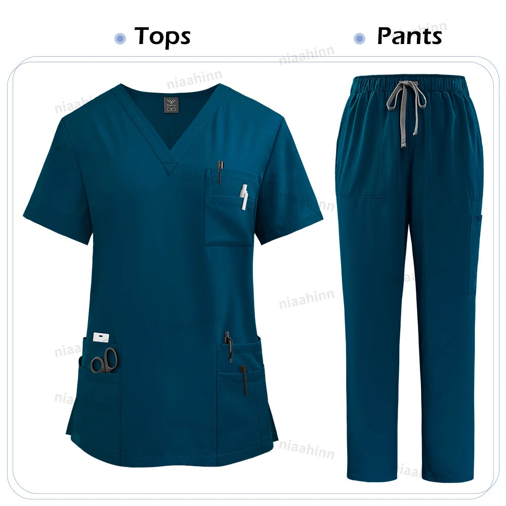 Elastic Scrub Set Operating Room Surgical Uniform Dental Veterinary Work Uniforms V-neck Short Sleeved Tops Pants Suit Wholesale