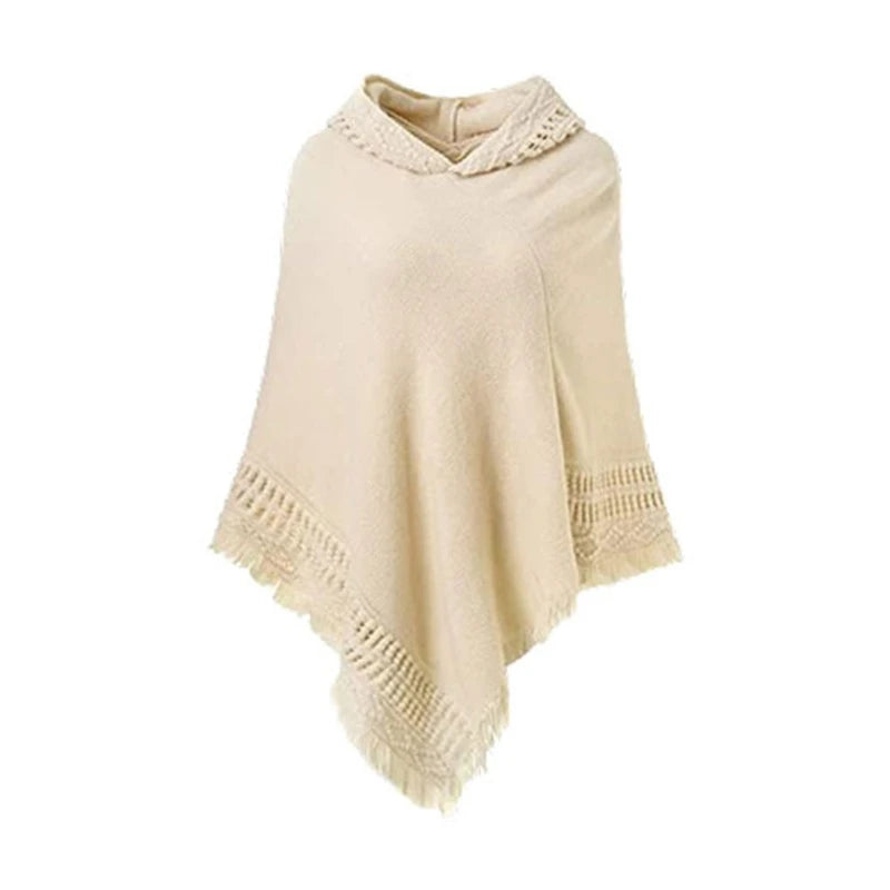 Women Winter Warm Knitted Hooded Poncho Cape Solid Color Crochet Fringed Tassel Shawl Wrap Oversized Pullover Cloak Sweater Top