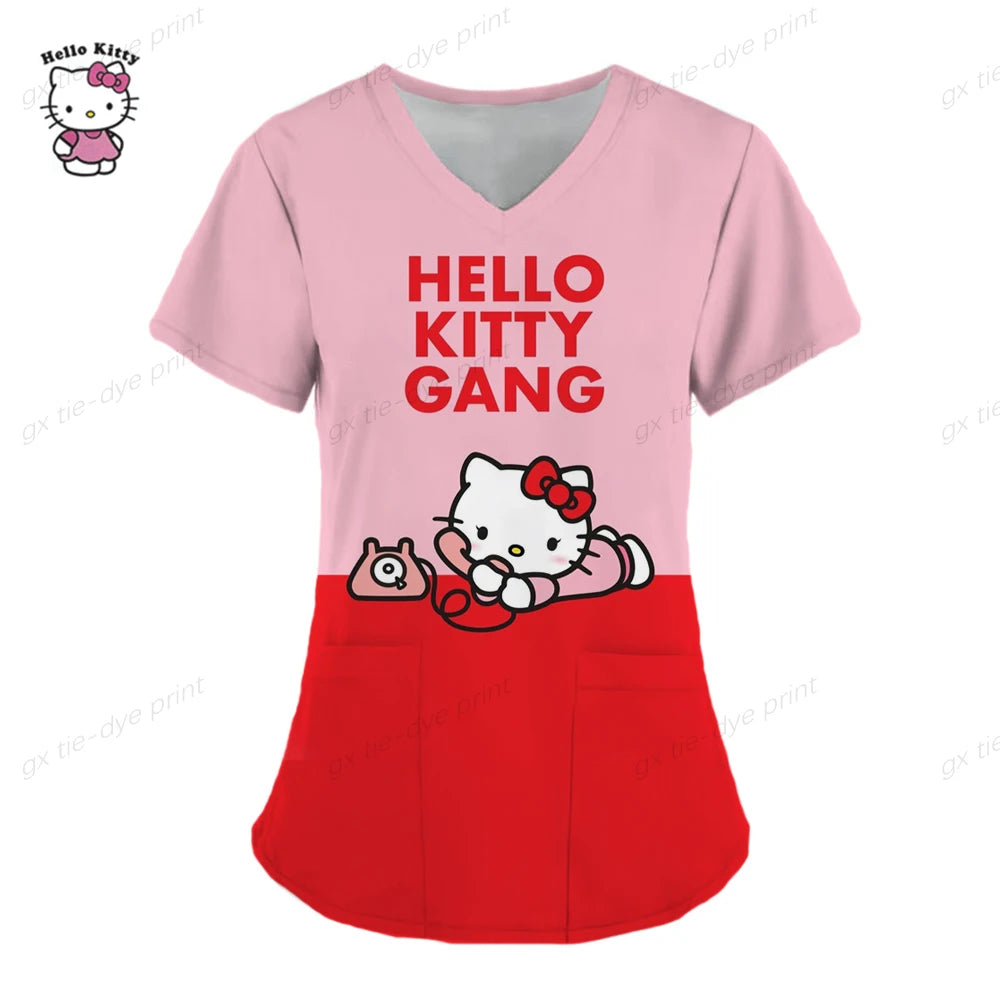 Hello Kitty Uniform Women's Cartoon Hello Kitty Print Nurse Work Shirt Pocket Gown Christmas Healthcare Nurse Scrubs