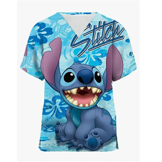 Disney Stitch Print Hospital Nursing Surgery Scrubs Tops Women Short Sleeved Dental Clinic Work Uniforms Blouse Doctor Clothes