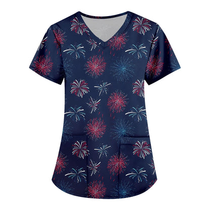 Women Nurse Uniform Medical Scrubs Flower 3d Print V-Neck Pocket Medical Uniforms Cartoon Nursing Scrubs Short Sleeve Pocket Loo