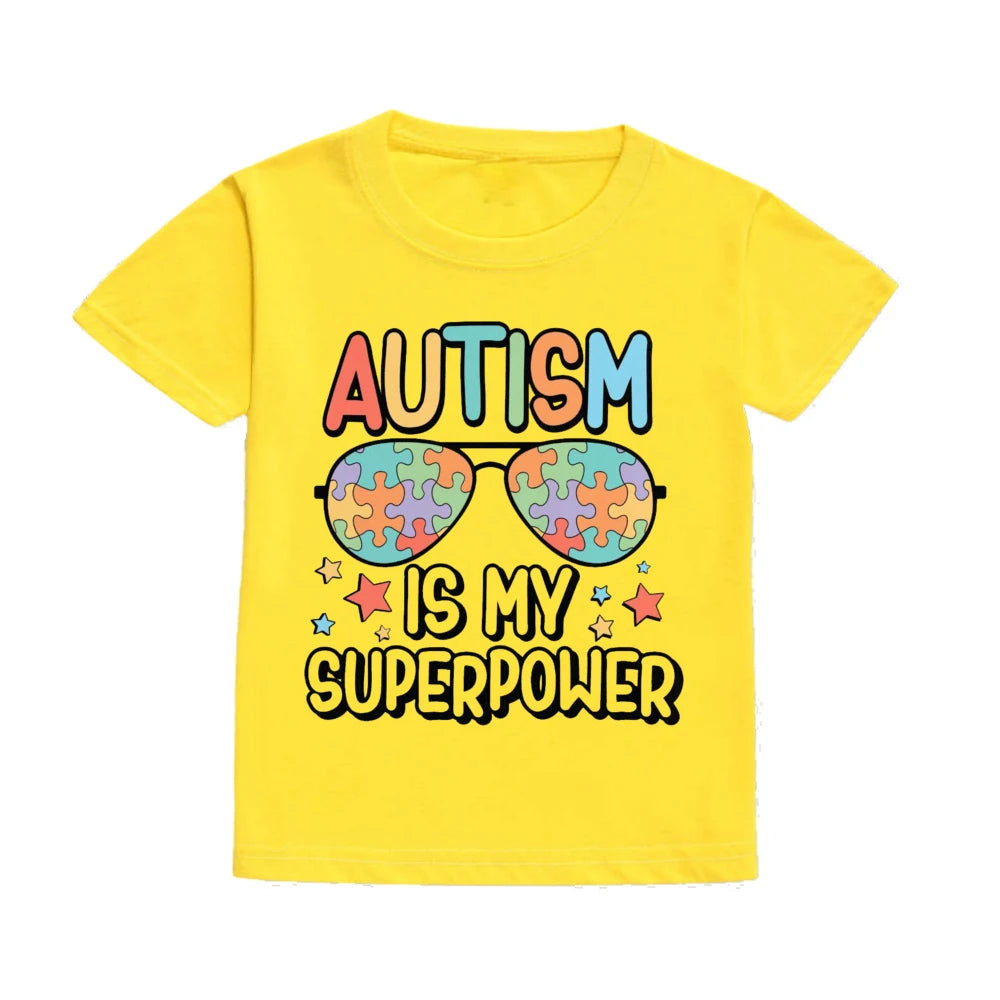 Autism Is My Superpower Kids Tshirt Autism Awareness Youth Shirt Toddler Short Sleeve Clothes Colorful Puzzle Boys Tee