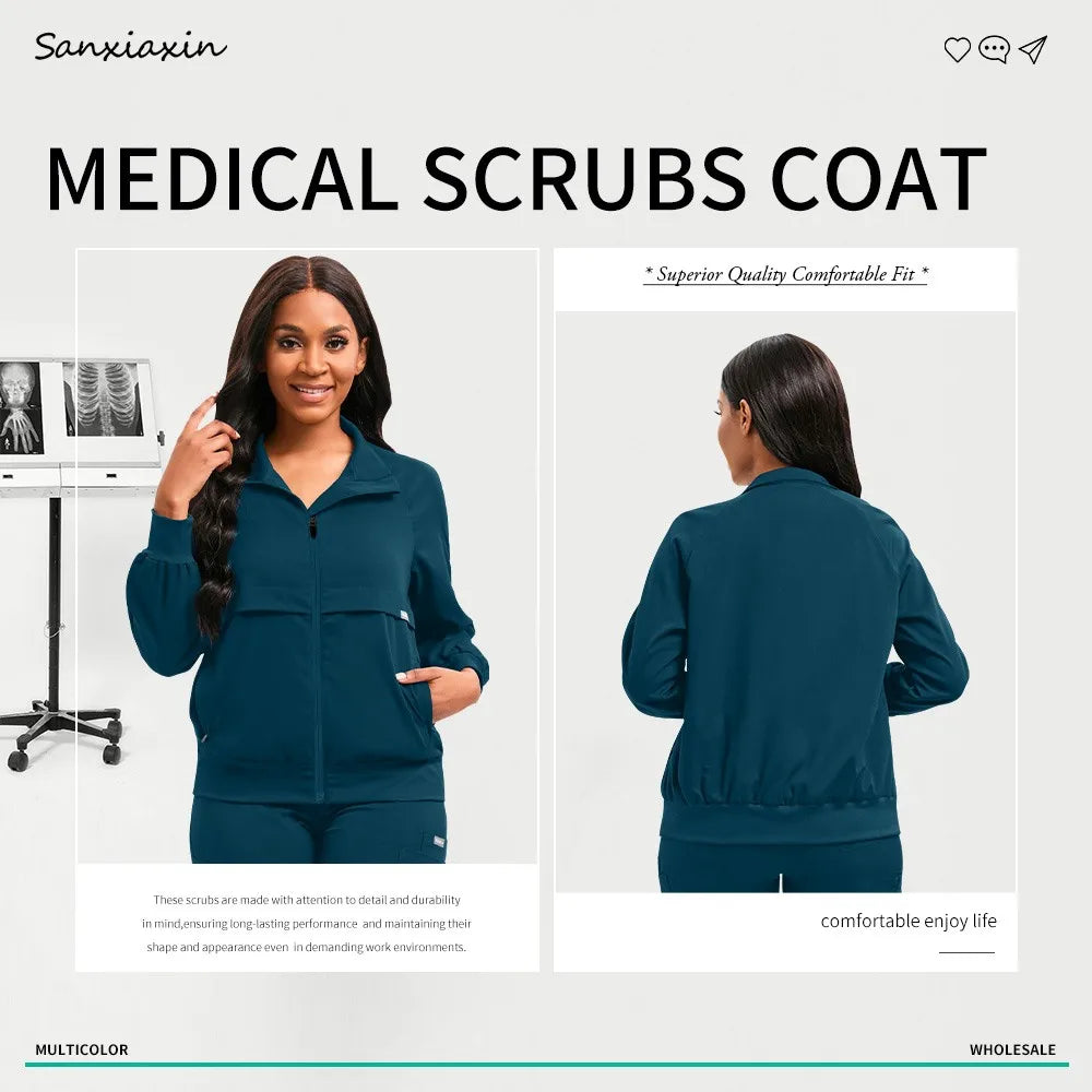 Long Sleeved Medical Scrub Jacket Pharmacy Uniform Women Solid Nurse Hospital Scrub Coat Surgical Uniforms Beauty Salon Workwear