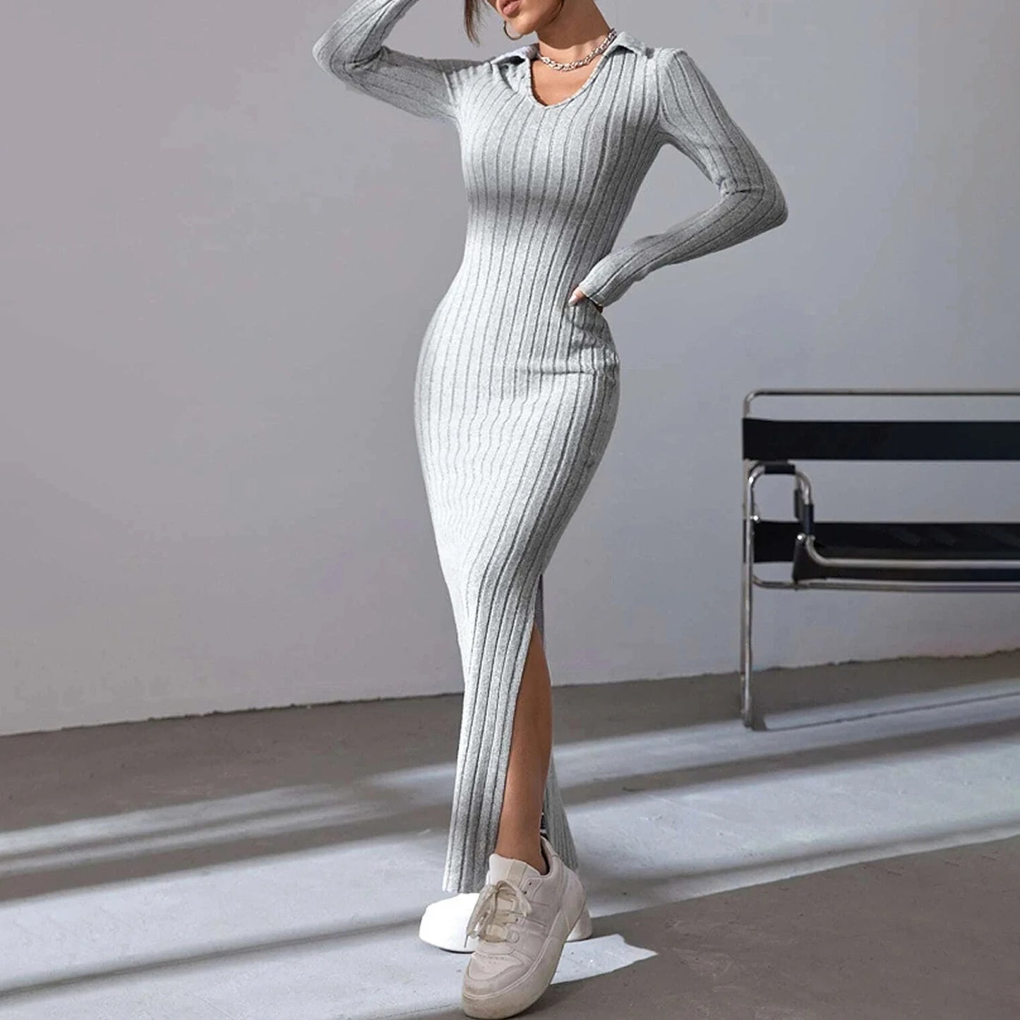 Women's Fall Winter Knitted Dress Long Sleeve Lapel Collar Solid Color Bodycon Long Dress Going Out Dress
