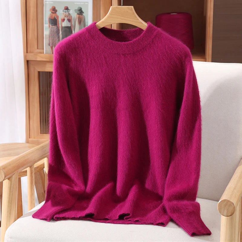 Autumn Winter Sweater Pullover Women's Clothing 100% Mink Cashmere Sweater Pullover O-Neck Basic Long Sleeve Warm Fleece Knitted