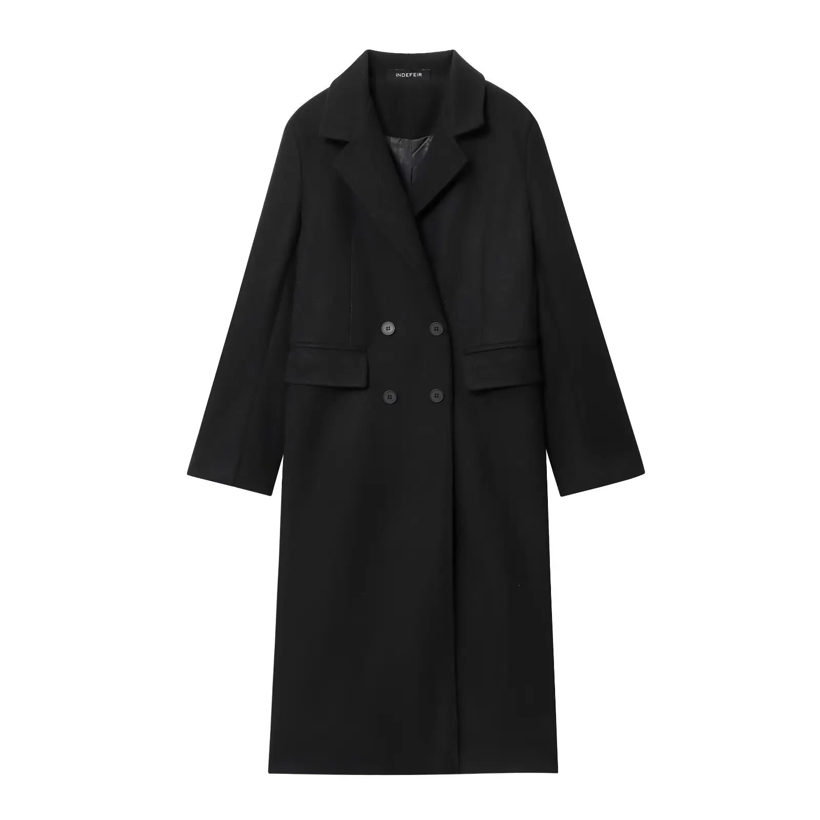 HH Female Autumn Winter Fashion Woolen Long Coat Woman Casual Turn-Down Collar Long Sleeves Pockets Double Breasted Coat