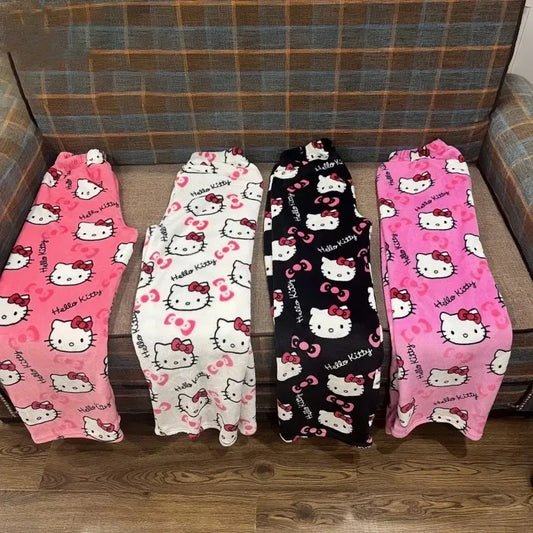 Christmas Hello Kitty Pajamas Halloween Flannel Fashion Trouserswomen Kawaii Woolen Anime Cartoon Casual Home Pant Autumn