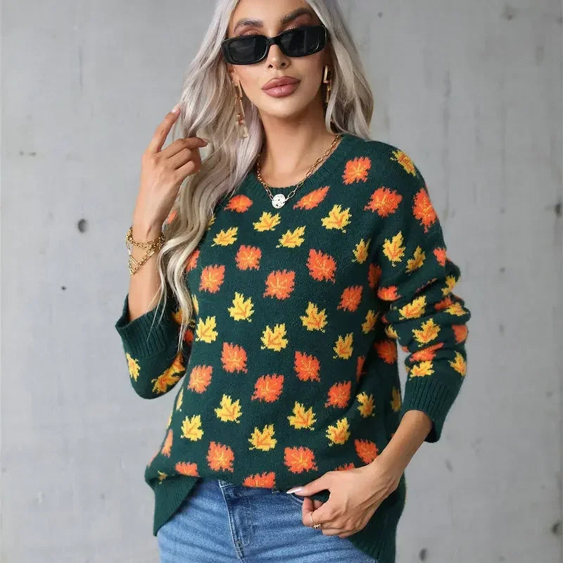 Women Casual Sweaters O Neck Pullovers Warm Outerwear Maple Leaf Print Knitwear Tops Female 2024 Autumn Winter Women Clothing