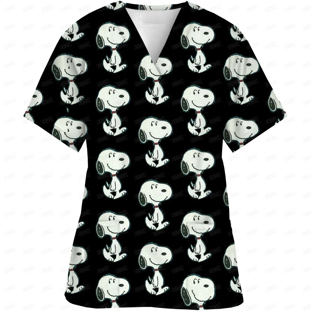 Snoopy print Working Nurse Uniform Women Short Sleeve Pocket Blouse Scrubs Tops Nursing Medical Accessories oversized tshirt
