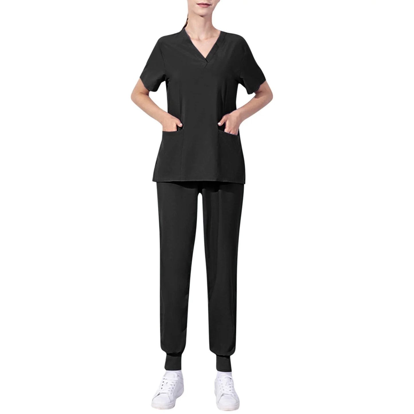 Nursing Uniforms Two Piece Unisex Shorts Scrub Sets Sleeve Pocket Top Tee Loose Pants Beauty Salon Workwear Overalls Plus Size