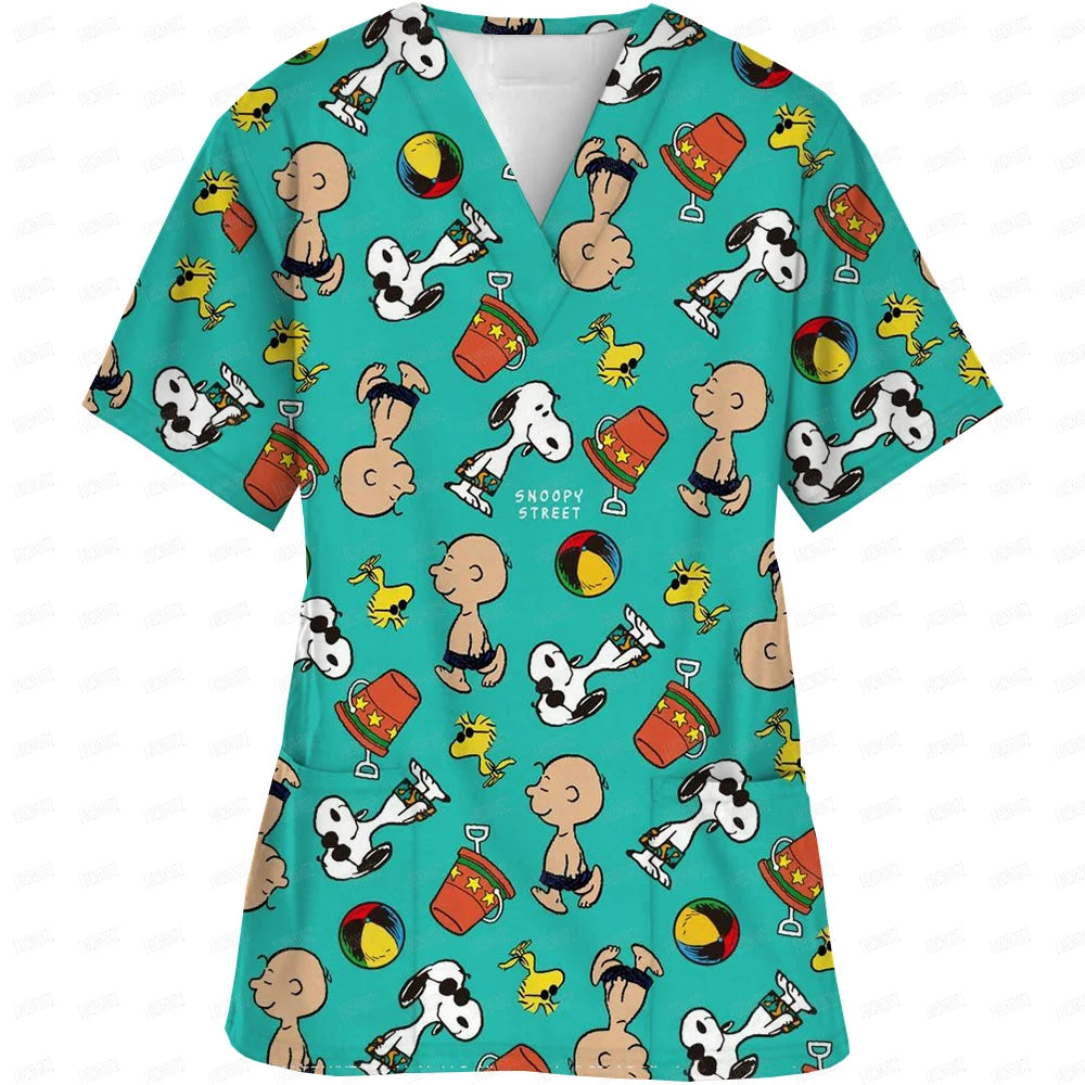 Snoopy print Working Nurse Uniform Women Short Sleeve Pocket Blouse Scrubs Tops Nursing Medical Accessories oversized tshirt